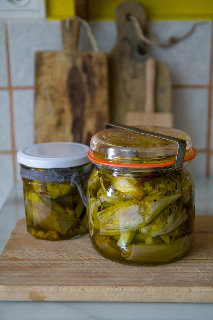 Pickled artichokes in a mason jar