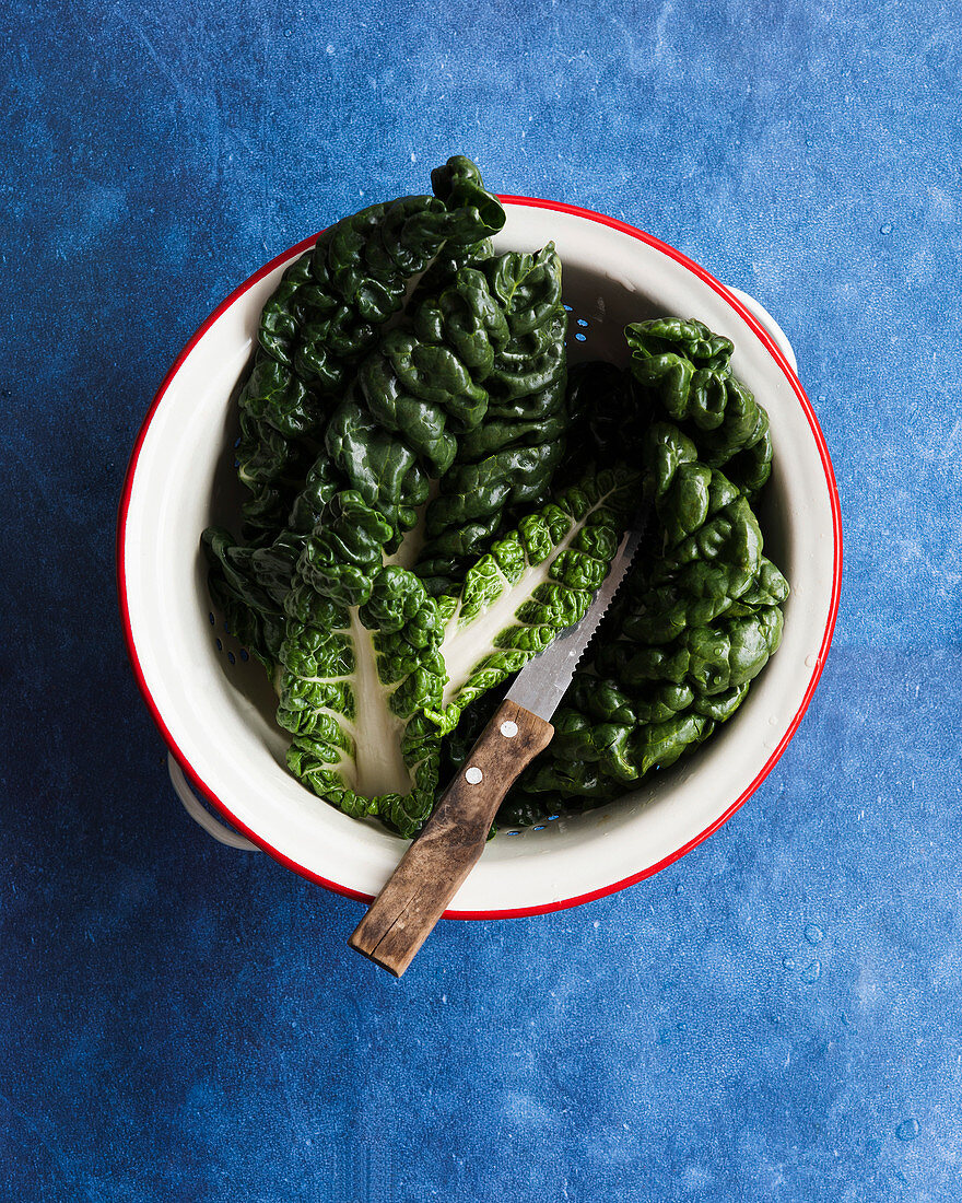 Silverbeet leaves in a colander with a knife