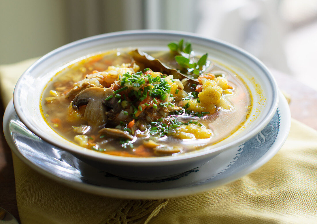 Buckwheat Soup with Cauliflower, Turmeric and Mushrooms