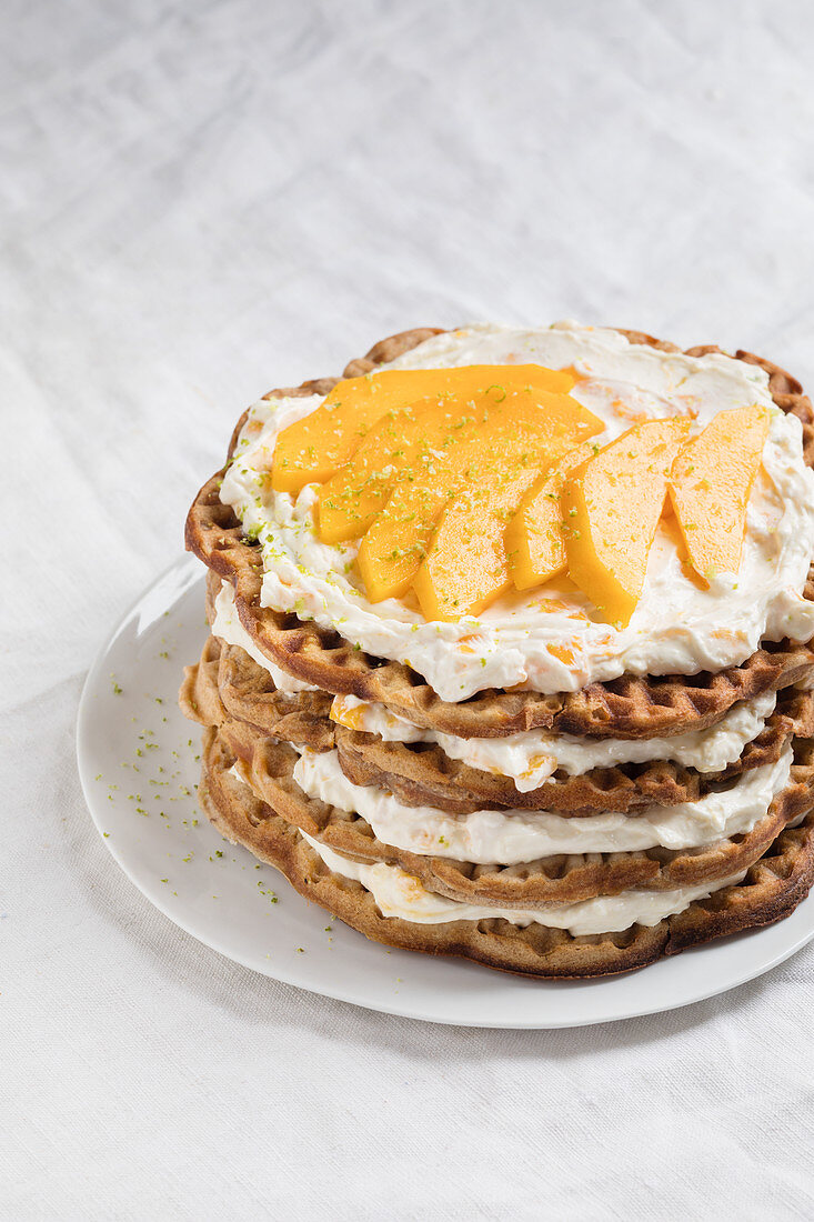 Waffle cake with mango cream