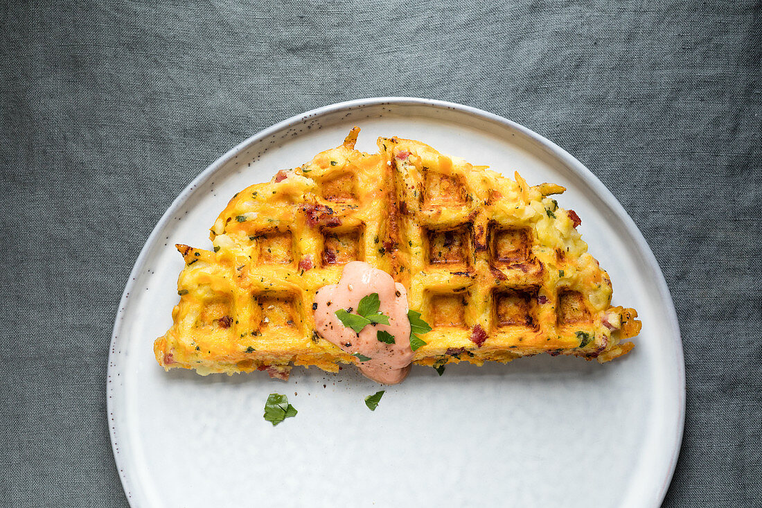 Gluten-free potato and herb waffles with ham