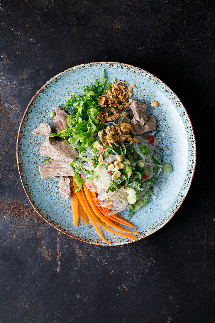 Reisnudelsalat mit Röstzwiebeln und Steakstreifen