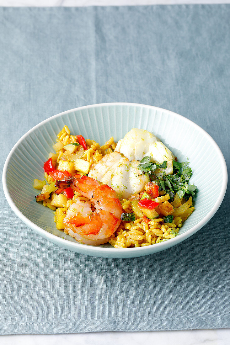 Caribbean seafood with pineapple and rice
