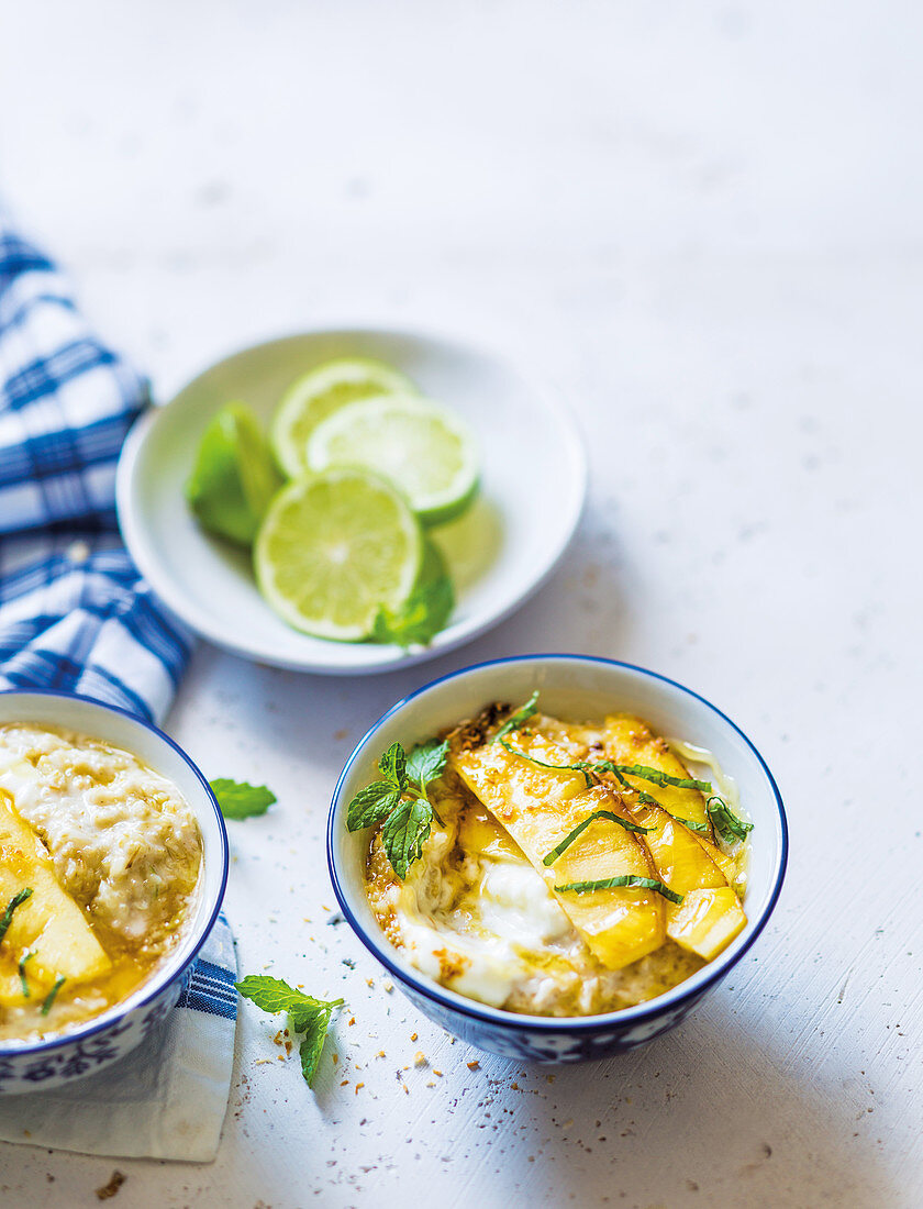 Brown rice and mixed grain porridge with coconut and lime