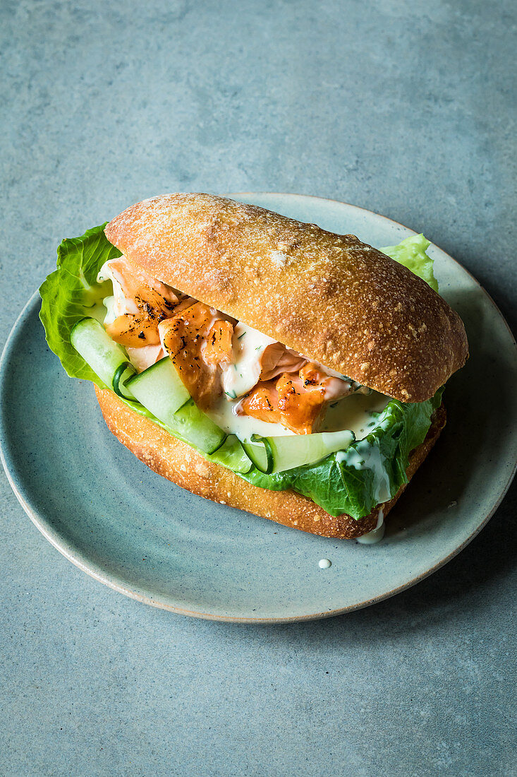 A pulled salmon sandwich