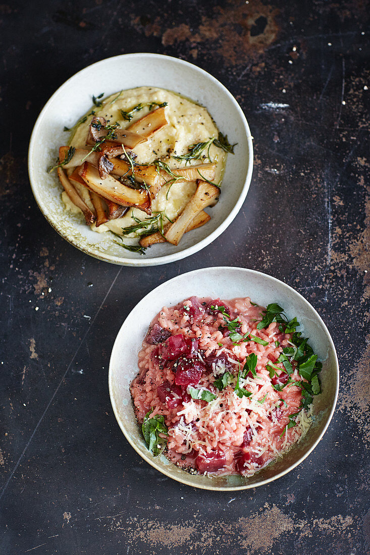Creamy polenta with mushrooms and beetroot risotto