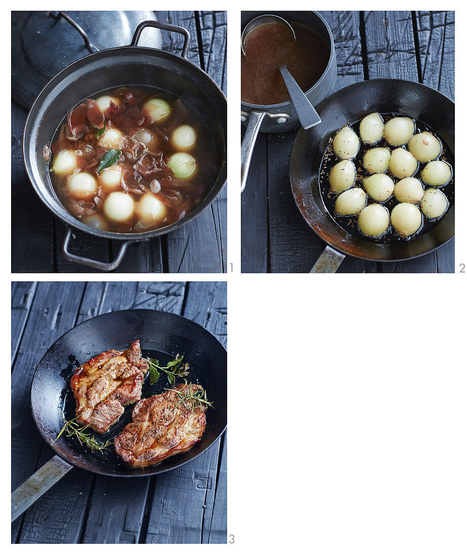 Pork collar in a caraway broth with onions being made