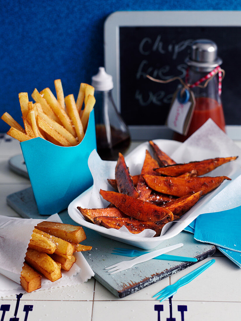 French fries and sweet potato wedges in a restaurant