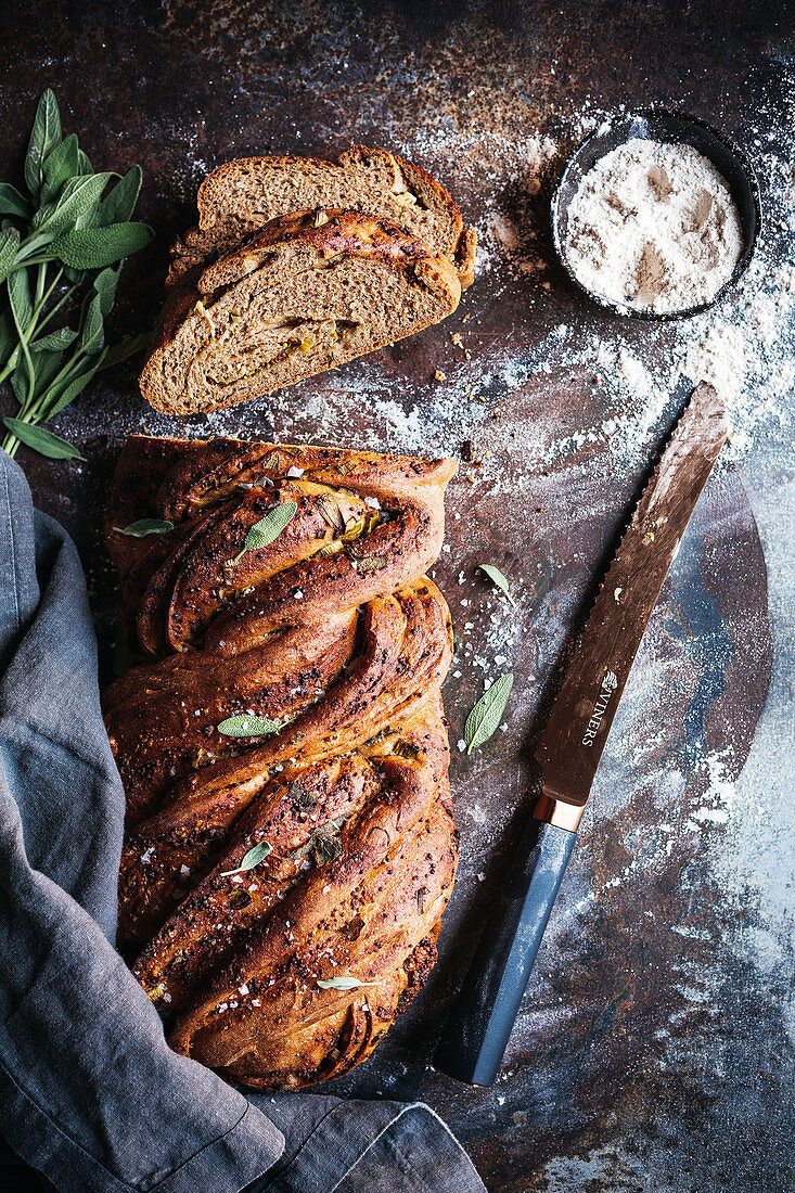 Spelt bread with mustard, sage, gruyere and springonion filling