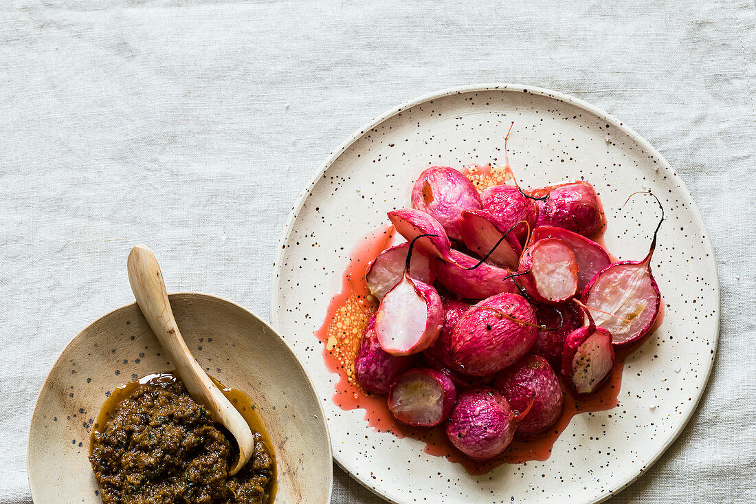 Oven-roasted radishes with red pesto