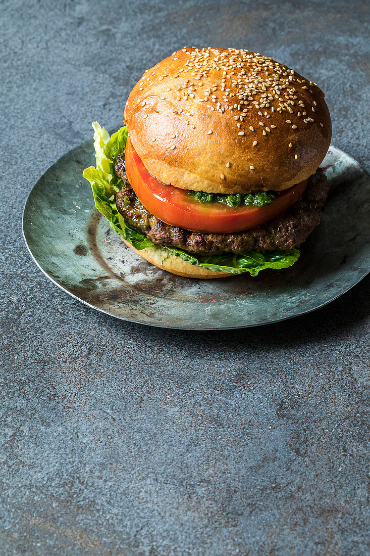 A halal beef burger with mint chutney