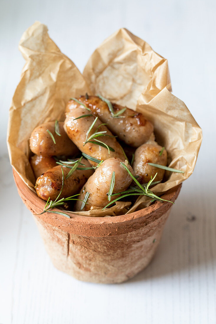 Sausages with rosemary served in a terracotta flower pot
