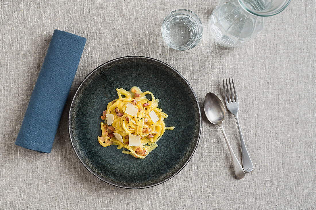 Turnip pasta with pancetta and Parmesan cheese