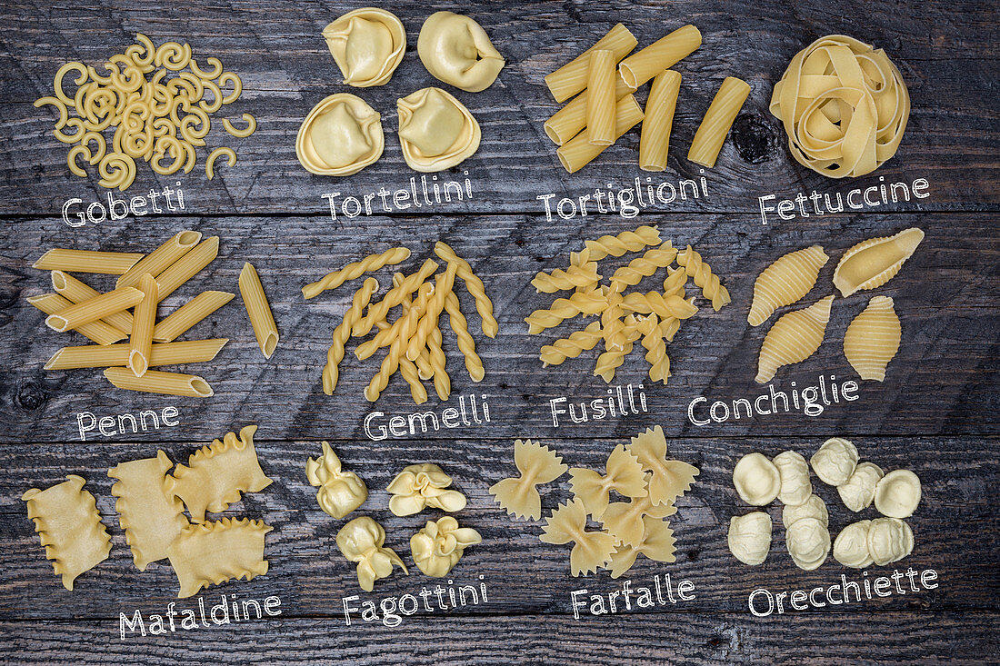 Various types of pasta with labels on a wooden background