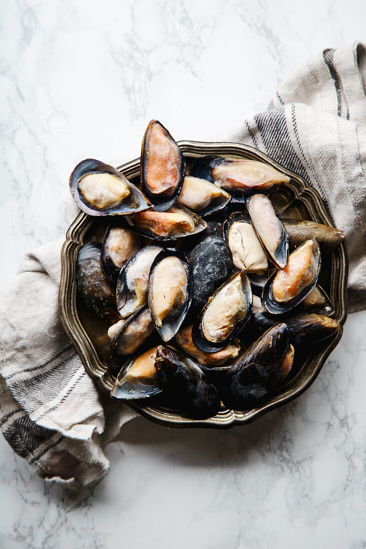 Top view with frozen mussels on white marble background