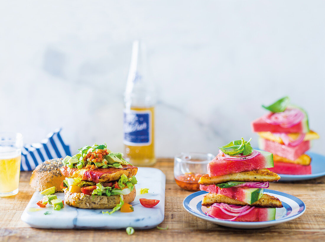 Braailoumi burger with relish, Summer caprese salad with watermelon and Braailoumi