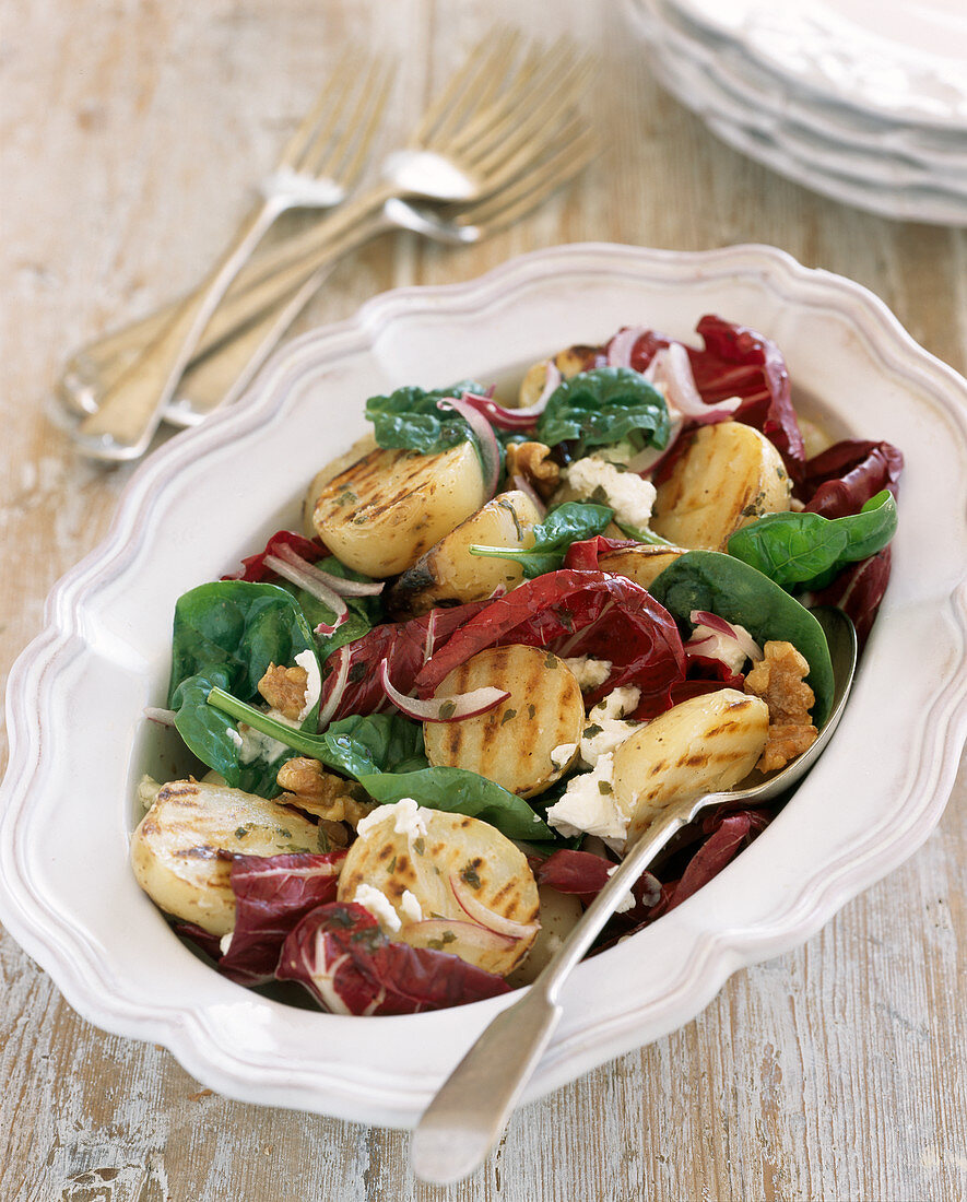 Grilled potato, radicchio, baby spinach and feta salad