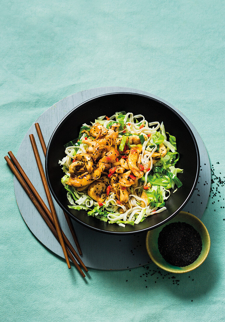 Sticky sesame chicken and noodle bowls