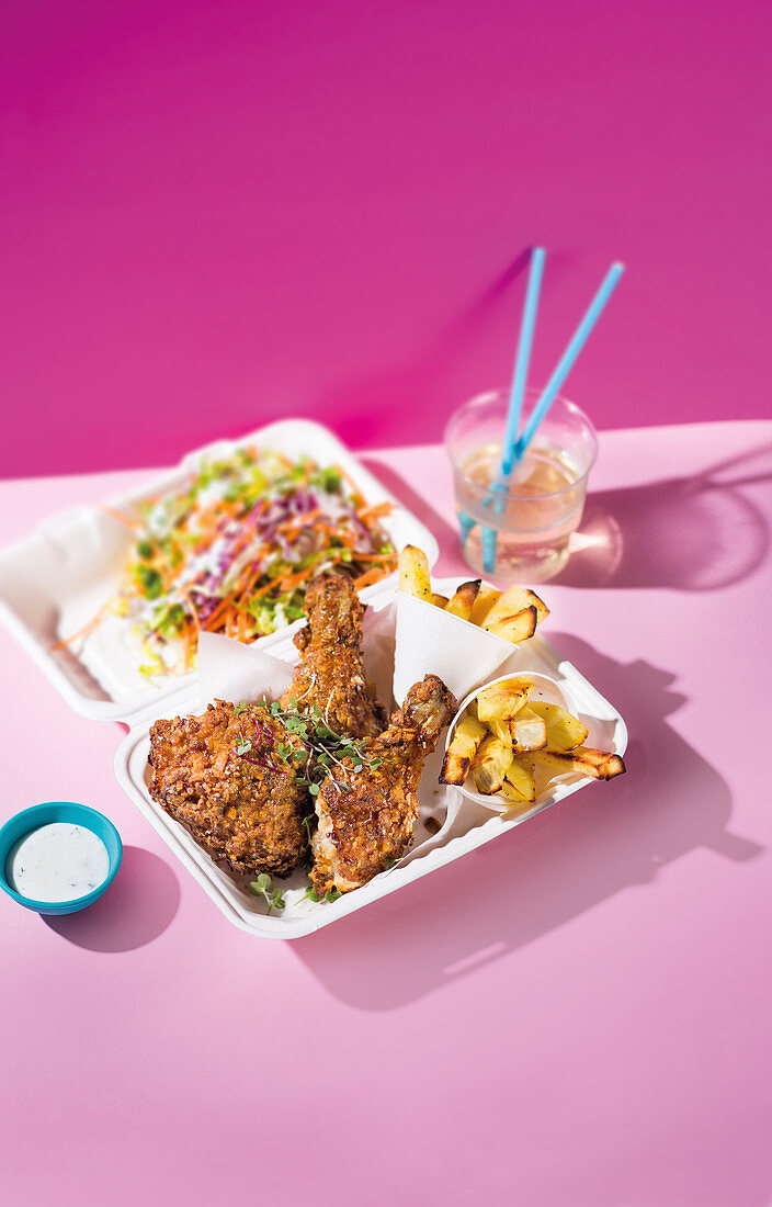 Buttermilk chicken with chips and salad