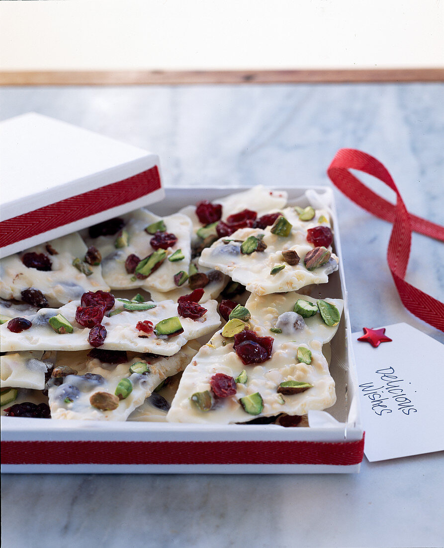 White chocolate bark with nuts and dried fruits for gifting at Christmas