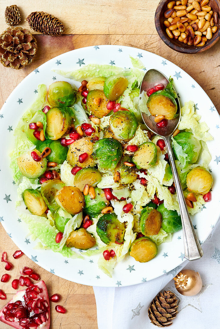 Fried brussels sprouts with pomegranate seeds