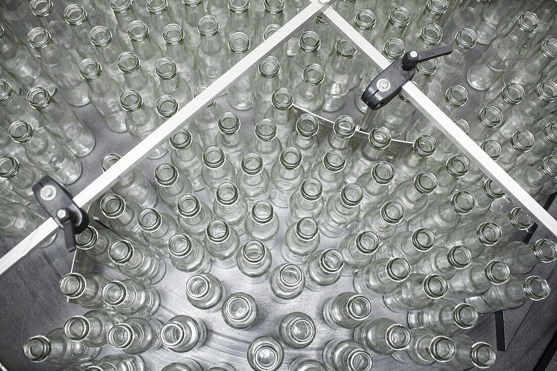 Bottles ready to be filled at a food plant