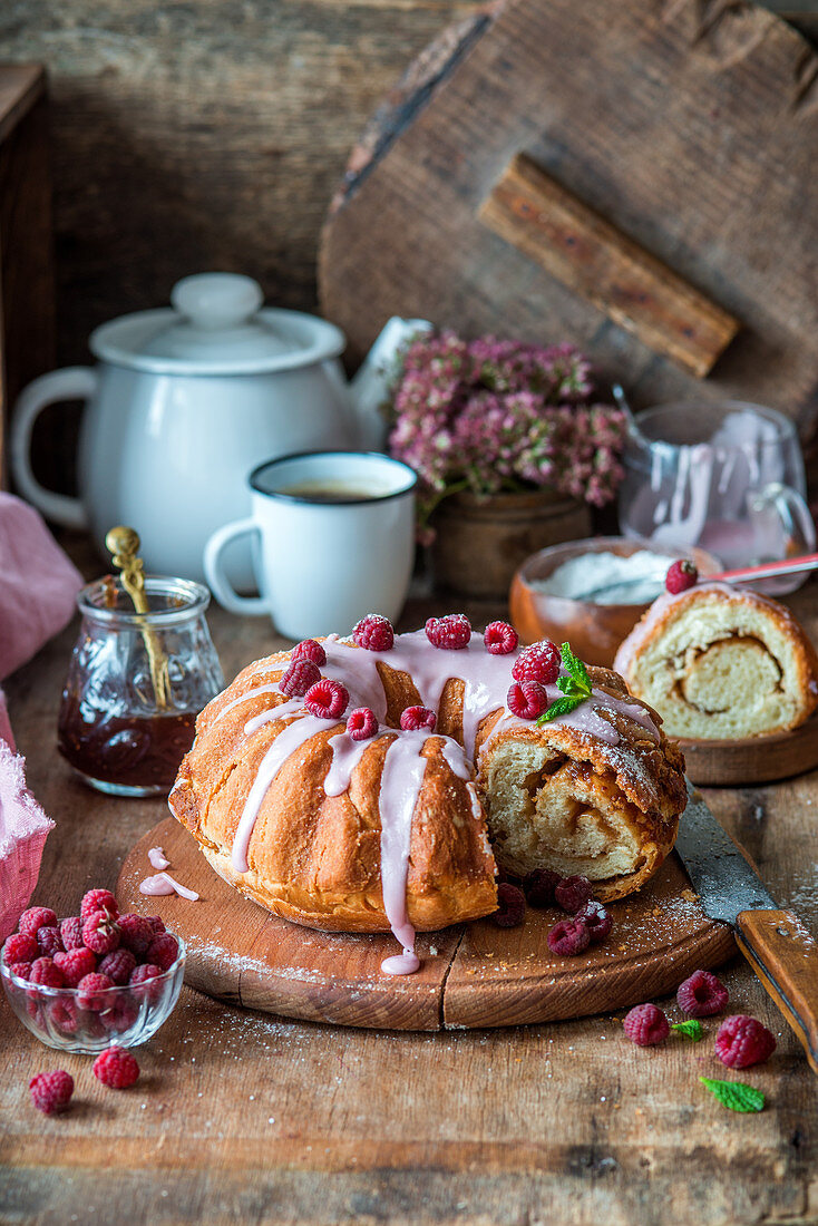 Sweet yeast bread with raspberry jam