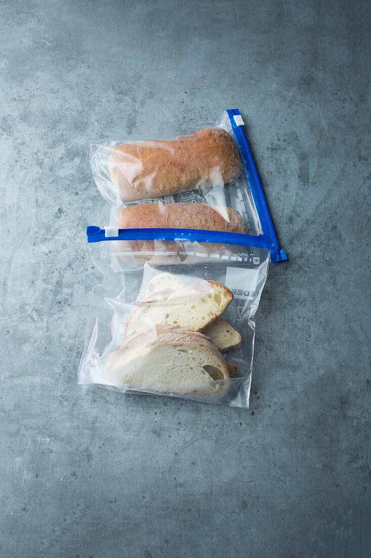 Slices of bread in bags for freezing