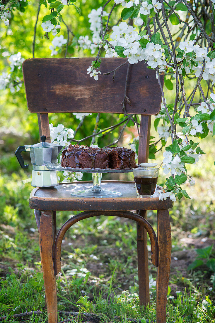 Schokoladenkuchen und Kaffee auf Holzstuhl im Frühlingsgarten