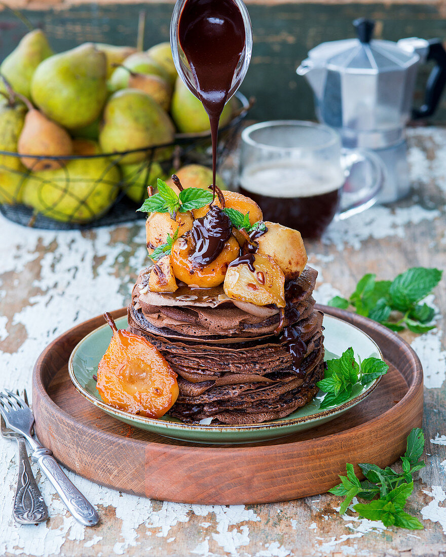 Chocolate crepes with pears