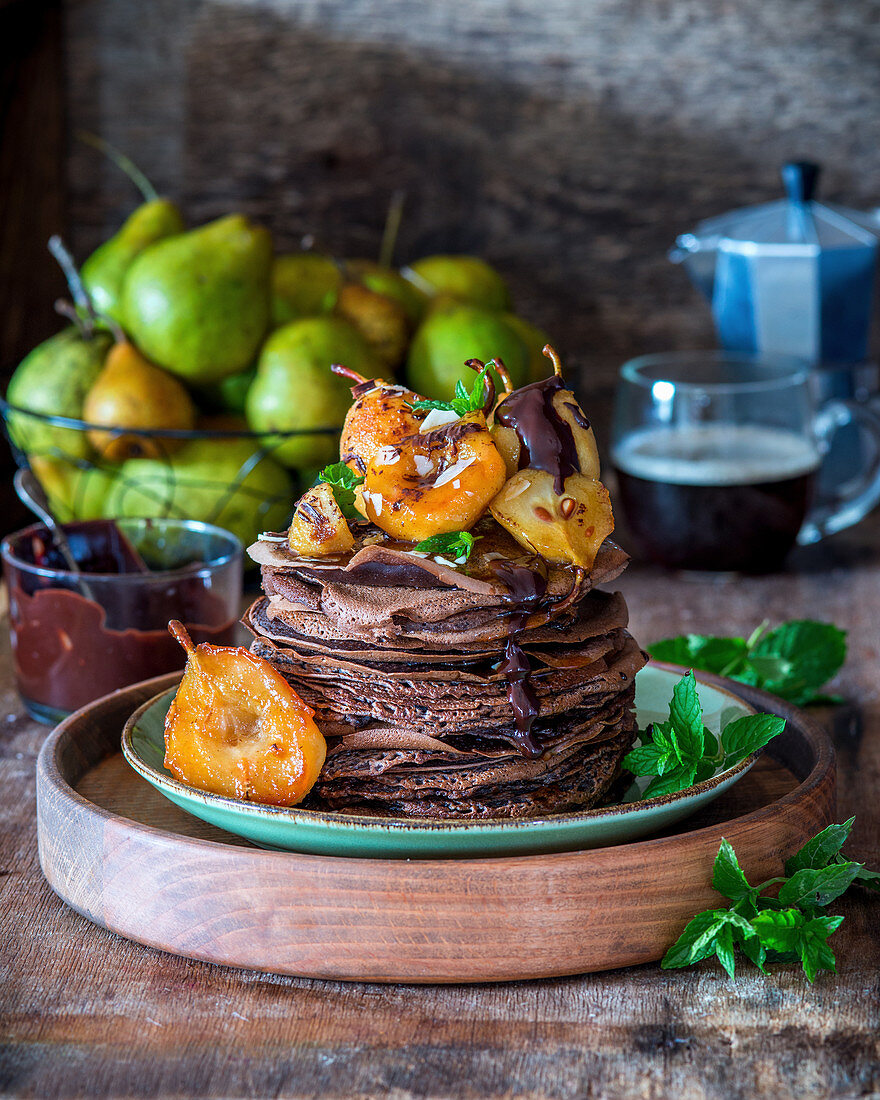 Crepes with chocolate and pears