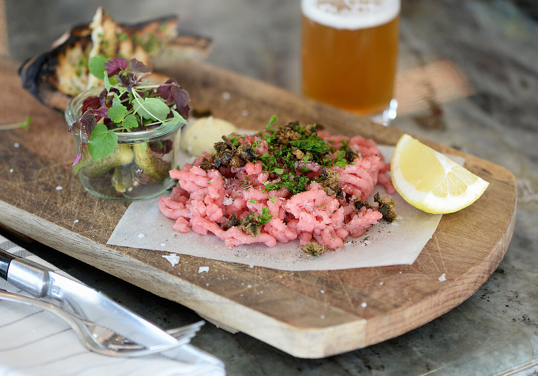 Beef tartare with herbs and gherkins