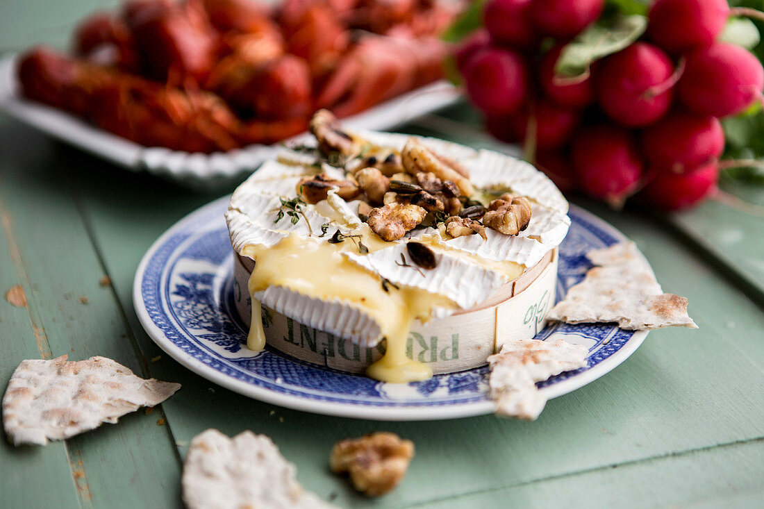 Camembert dip with radishes and walnuts