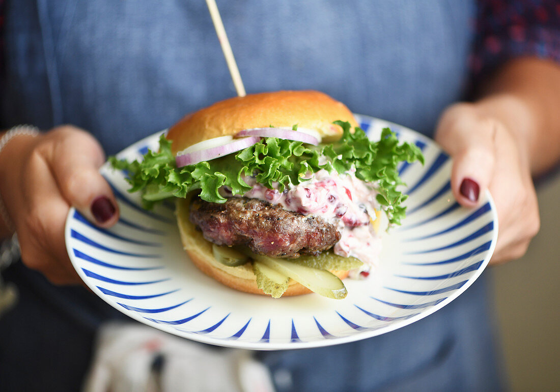 A game burger with lingon berries and horseradish