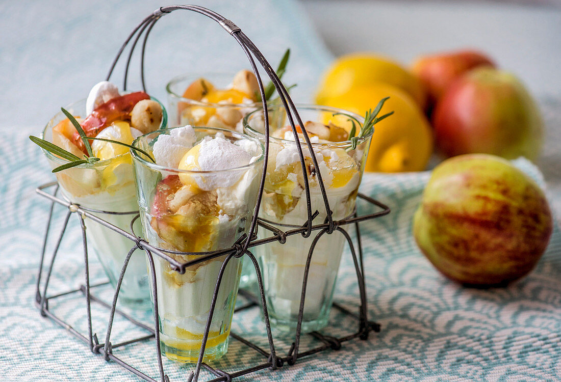 Eton mess with lemon quark, rosemary apples and meringue