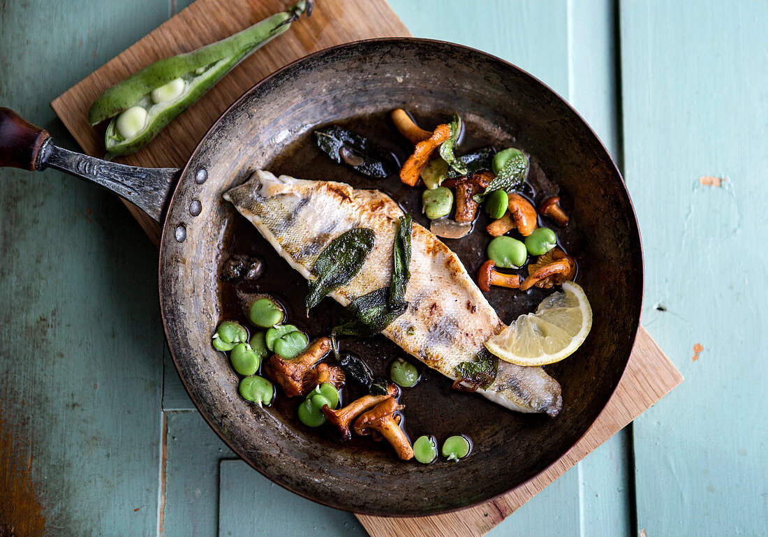 Gebratener Fisch mit Salbei, Pifferlingen, Bohnen und Speck