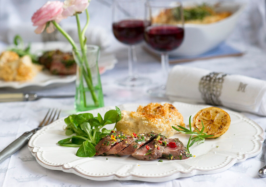 A festive spring meal with lamb fillet and gratin