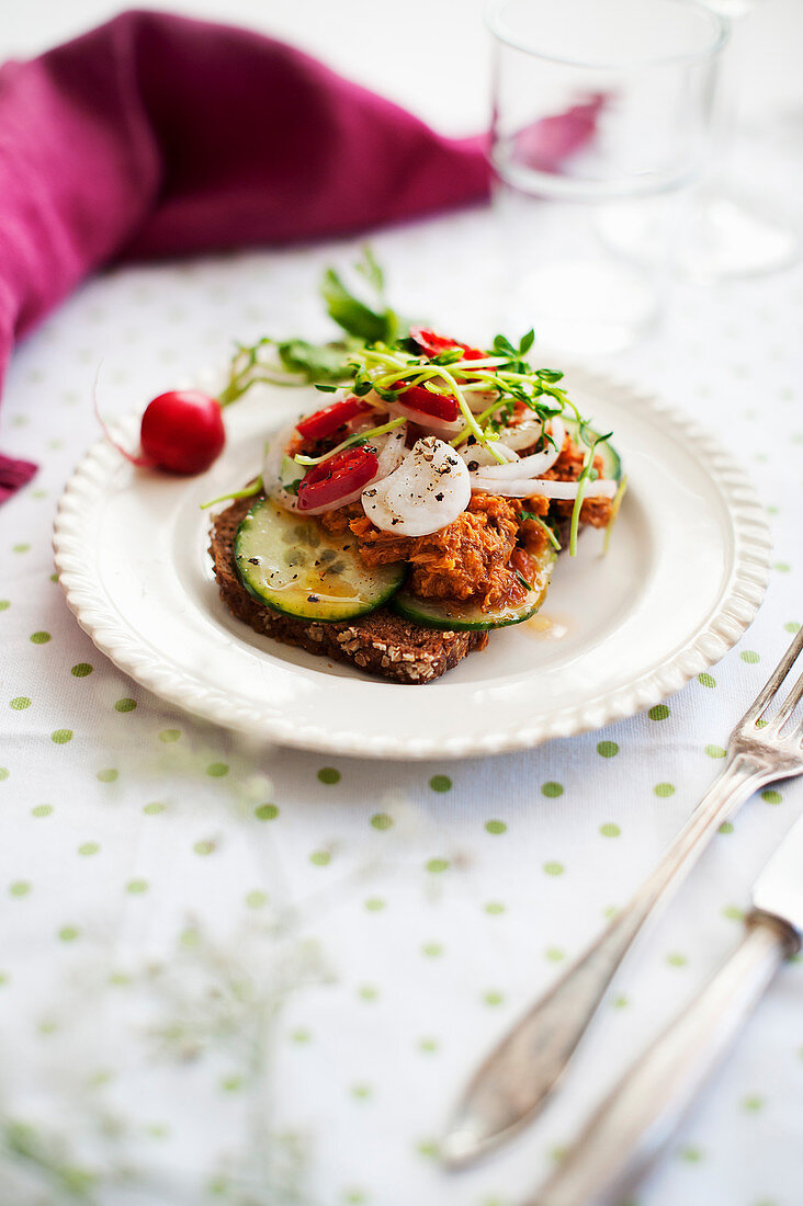 Vollkornbrot mit Makrele, Gurke und Radieschen