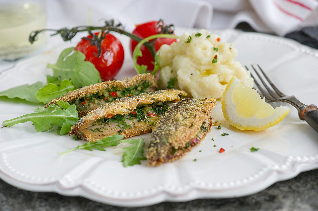 Italian-style Baltic herring with parsley, chilli, garlic and lemon served with Parmesan mashed potatoes