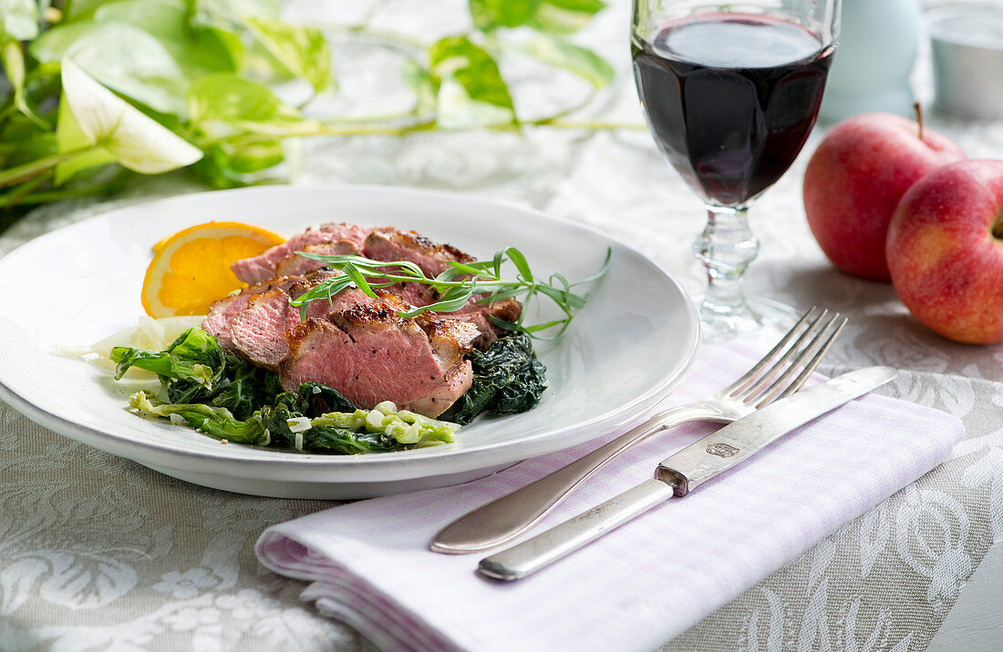 Roasted duck breast with braised savoy cabbage