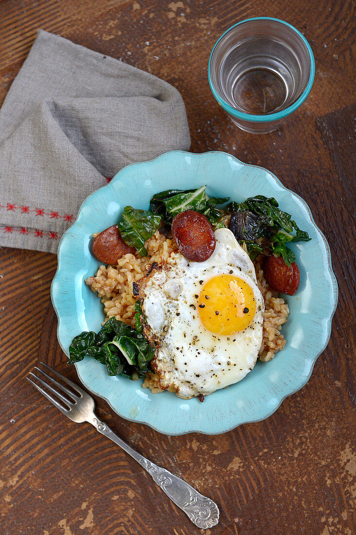 Rice with chard, chorizo and a fried egg