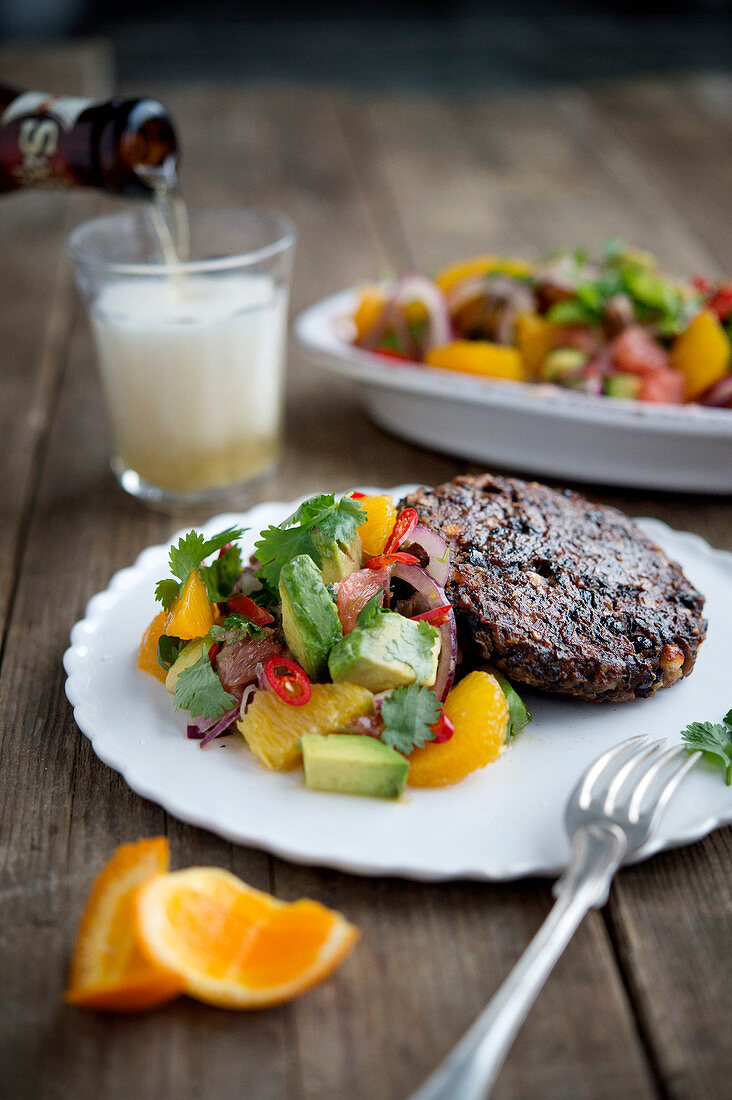 Vegetarian steaks with orange and avocado salsa