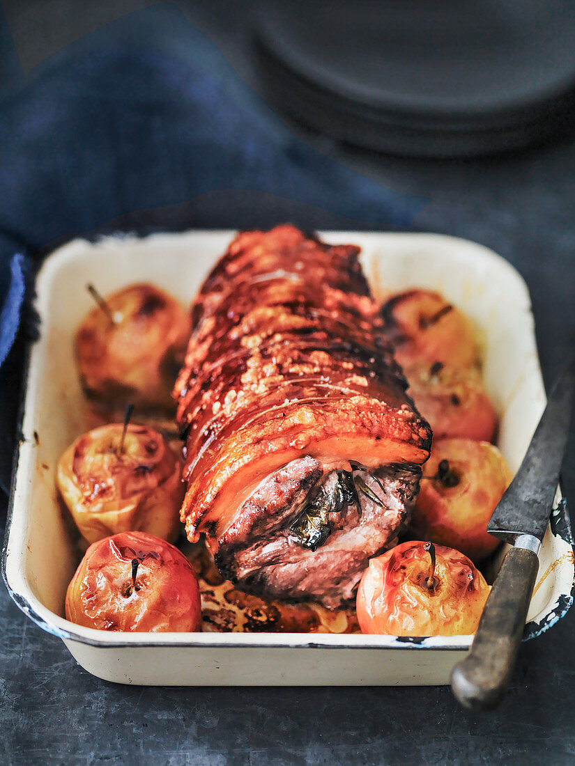 Roast rolled joint of Pork stuffed with rosemary, sage and apples