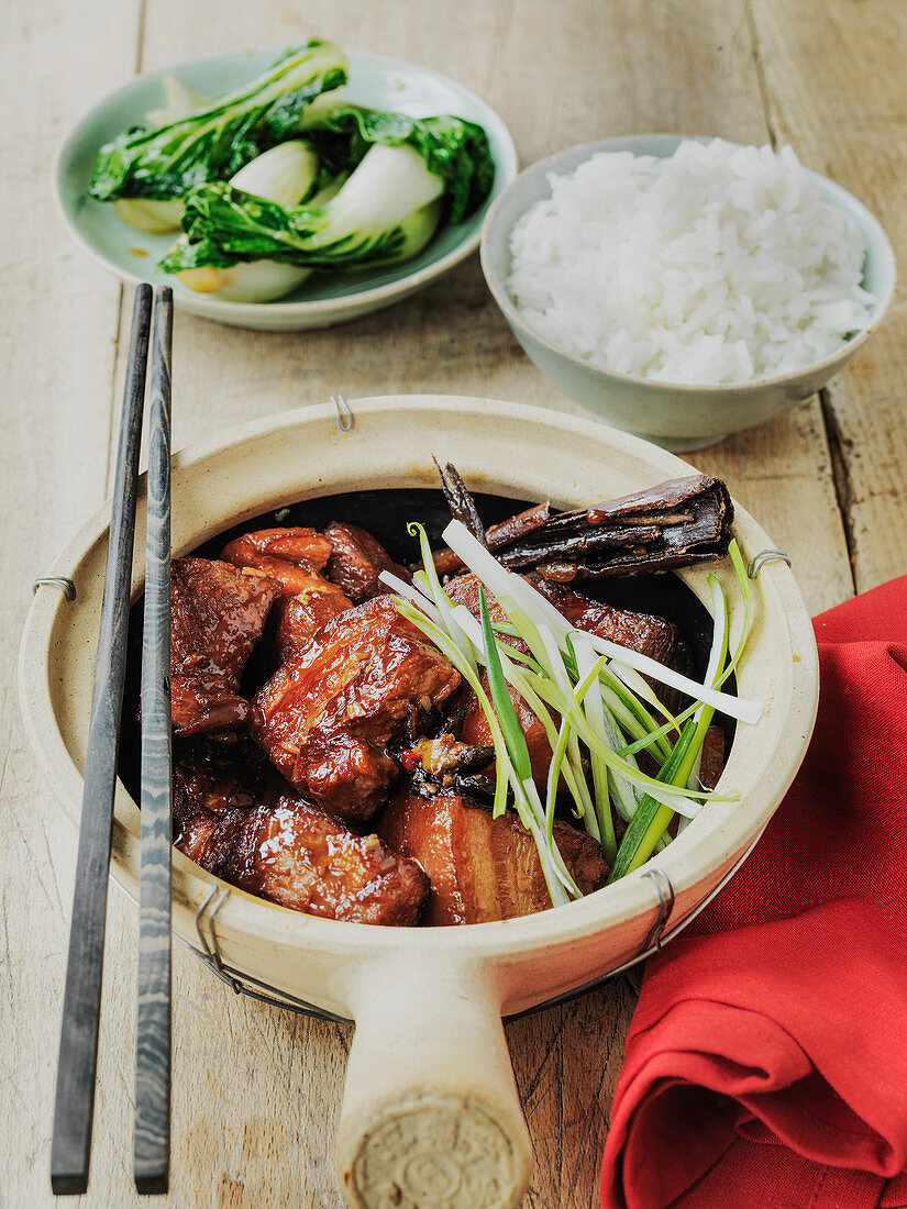 Slow cooked chinese pork with soring onions pak choi and rice