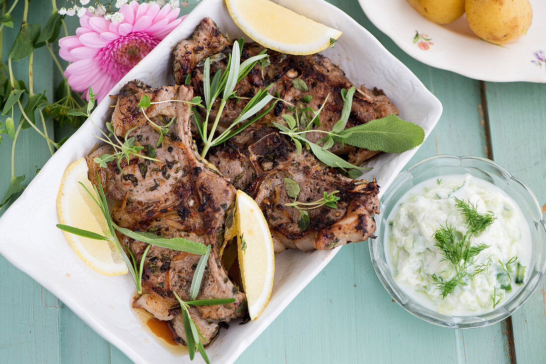 Lamb chops with a herb marinade served with apple tzatziki