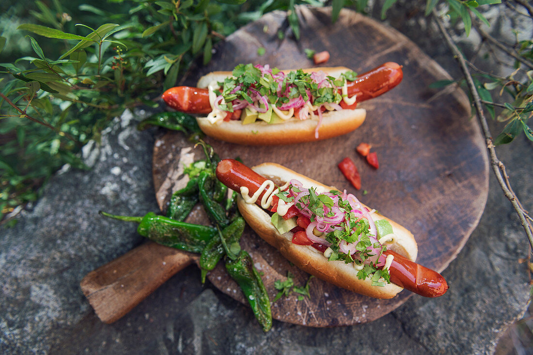 Hot Dogs mit Avocado und Zwiebeln