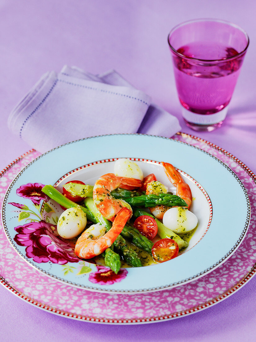 Easter lunch of prawns quail eggs and asparagus salad