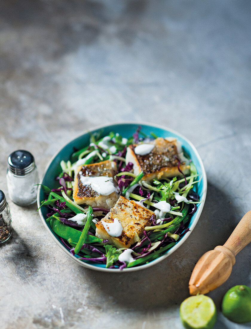 Gegrillter Seehecht auf grünem Krautsalat