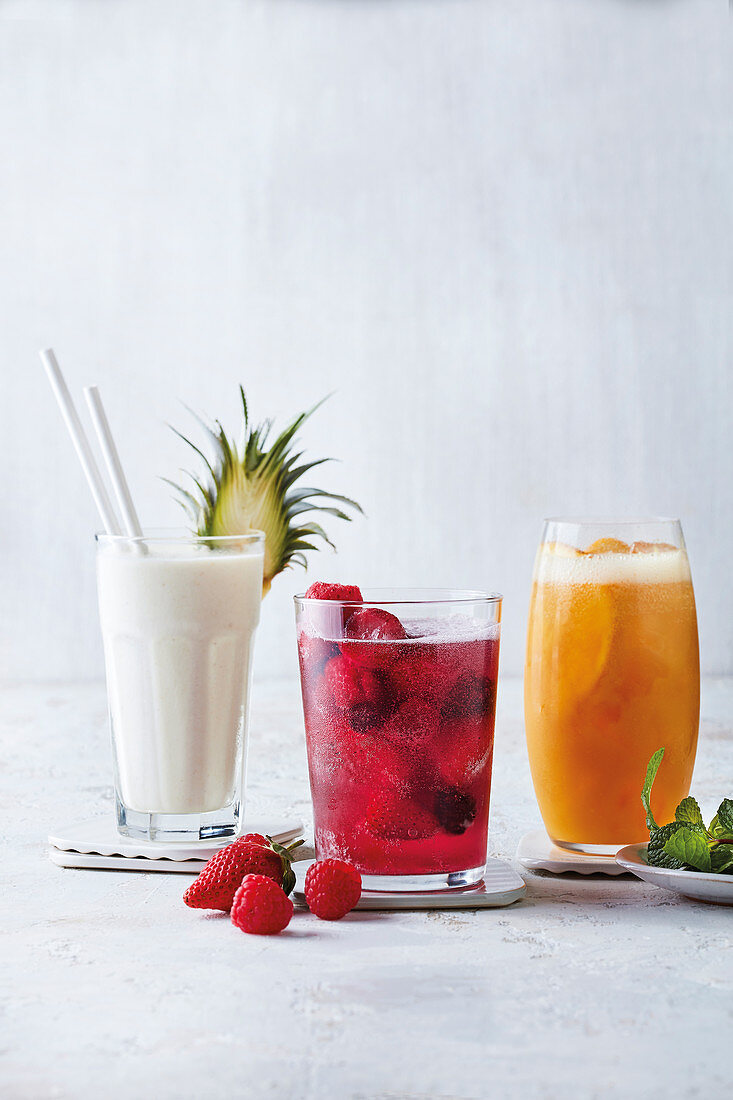 Banana, pineapple, lemongrass and coconut smoothie, Red berry sangria, Mango, orange and ginger fizz