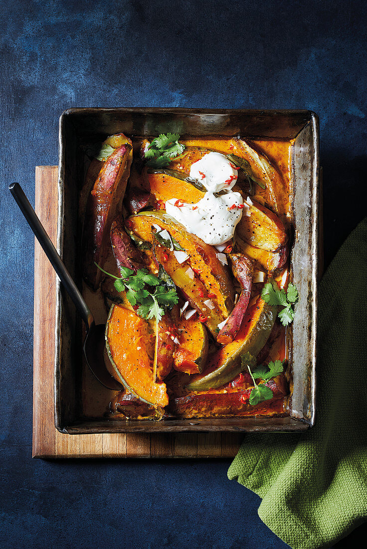 Pumpkin and sweet potato curry tray bake
